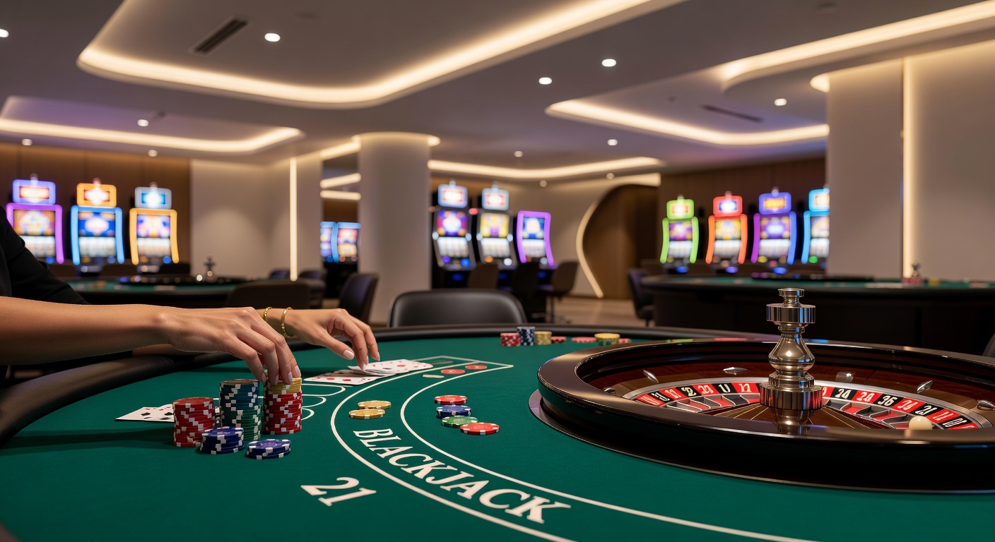 Modern casino floor with digital slot machines and table games in a resort setting