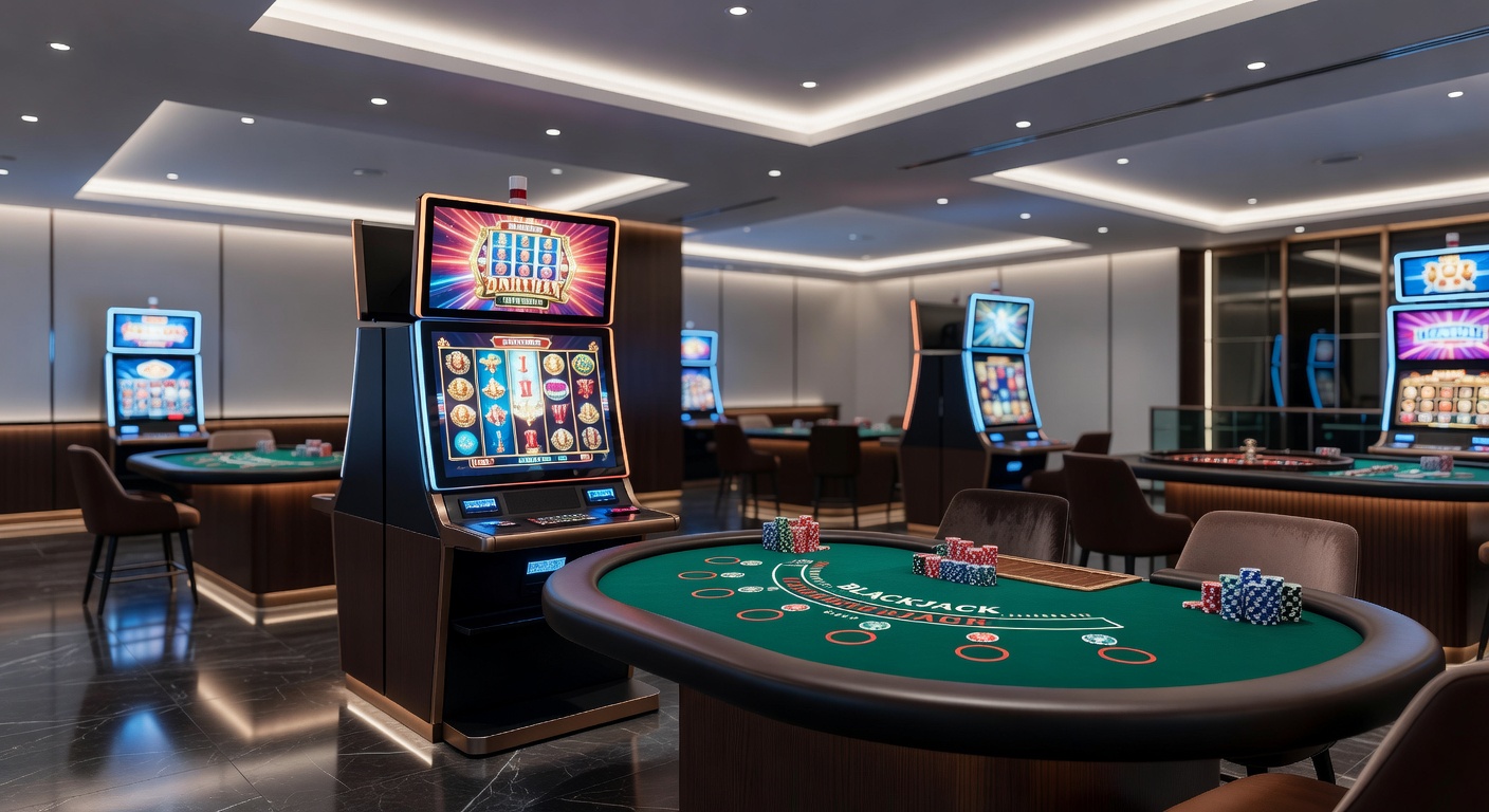 Close-up view of roulette wheel and blackjack table with players engaged in a resort casino